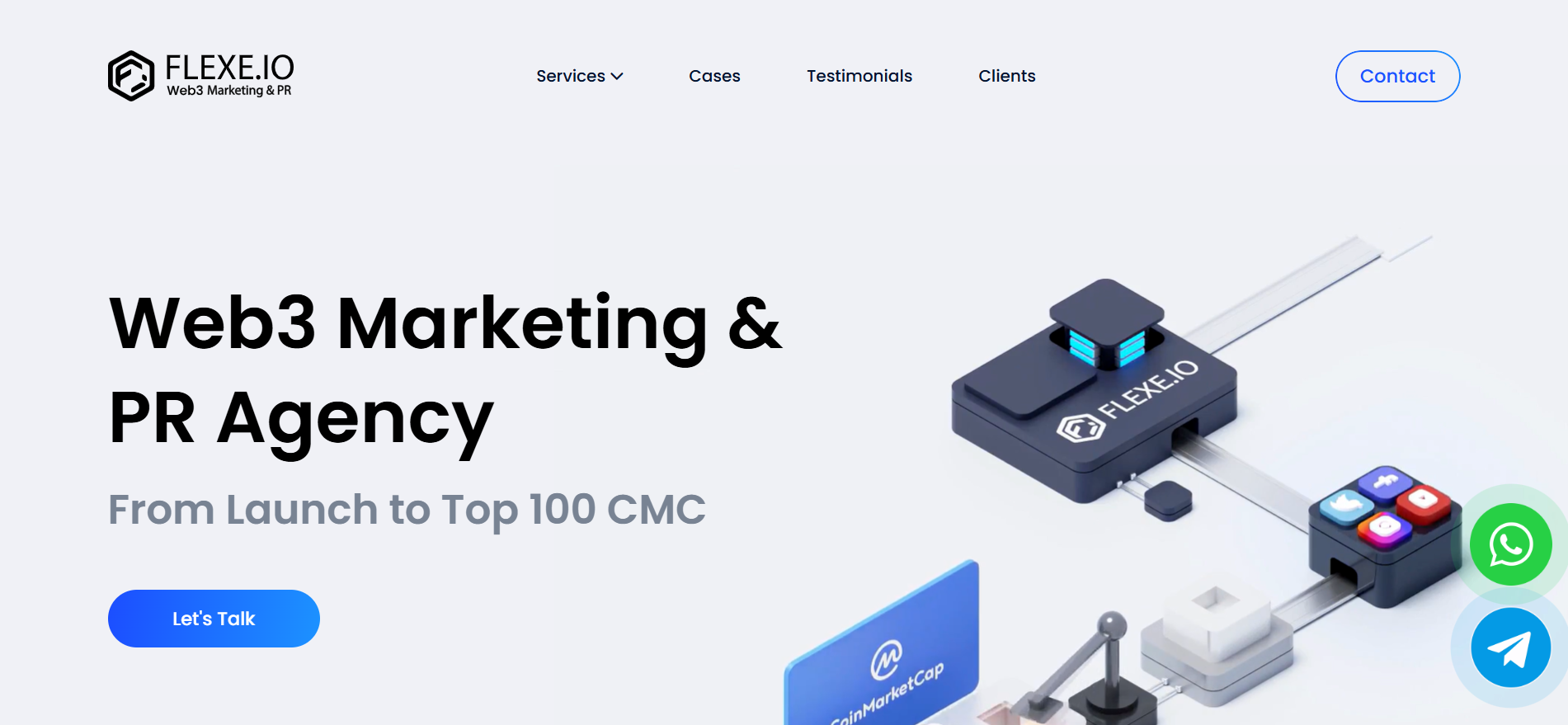 Flexe.io homepage presenting Web3 marketing and PR agency services with influencer network and multi-channel crypto promotion for token projects targeting top 100 CoinMarketCap rankings.