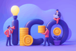 Концепция маркетинга ICO, демонстрирующая сбор криптовалютных средств с помощью мегафона для продвижения токенов Bitcoin и иллюстрацию роста инвестиций.