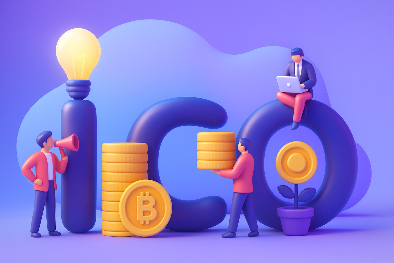 ICO 市场营销概念，展示使用比特币代币扩音器进行加密货币筹款的宣传和投资增长插图。