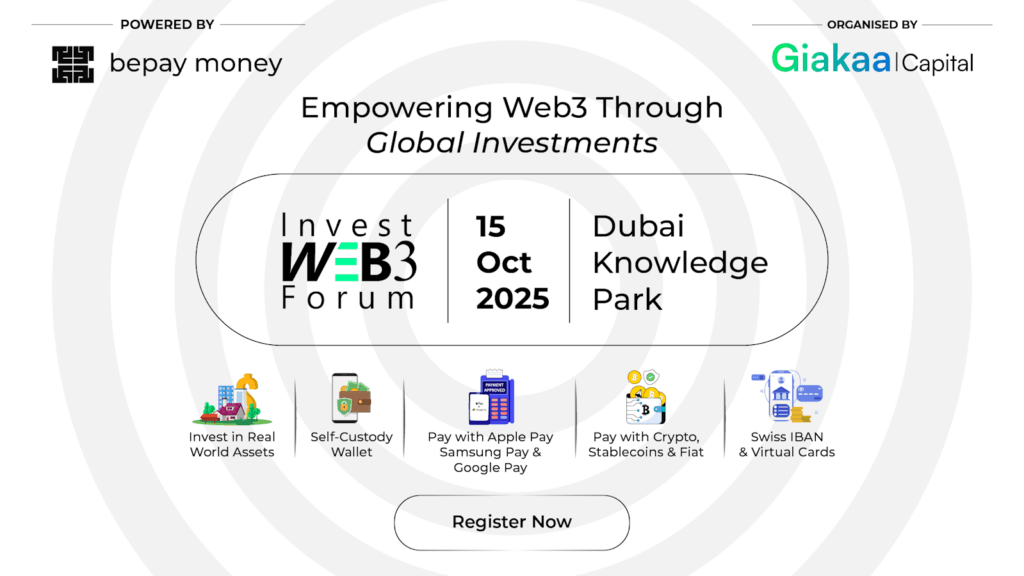 Cartaz oficial do Invest Web3 Forum 2025 no Dubai Knowledge Park, desenvolvido pela bepay money e organizado pela Giakaa Capital, apresentando a data do evento e o tema do investimento global.