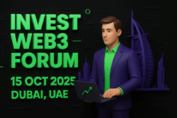 رسم توضيحي ثلاثي الأبعاد يروّج لمنتدى استثمر ويب 3 2025 في دبي، الإمارات العربية المتحدة، يظهر فيه متخصص في مجال الأعمال مع كمبيوتر محمول وصورة ظلية لبرج العرب ترمز إلى الابتكار وتمويل البلوك تشين.