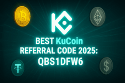 Bester KuCoin Empfehlungscode QBS1DFW6 für 2025 mit Bitcoin und Ethereum Münzen auf dunklem Hintergrund - verdienen Sie 35% Provision.