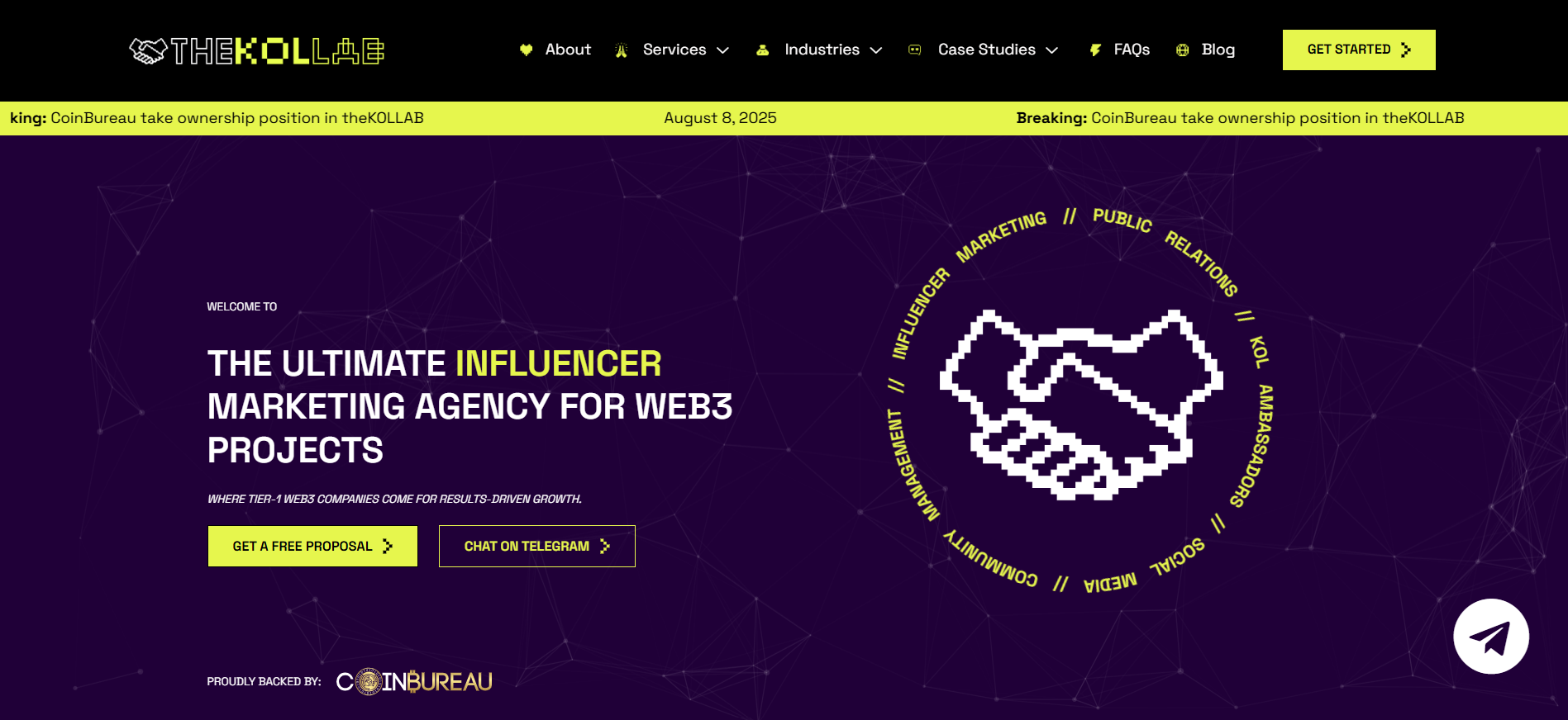 theKOLLAB homepage showcasing KOL fundraising rounds and influencer investment model for crypto presale projects seeking best marketing agency partnerships.
