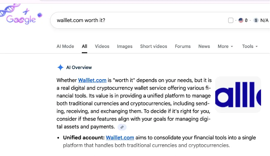 Google AI-Übersicht nach einer PR-Listicle-Kampagne, die walllet.com als anerkannte Kryptowährungs-Brieftasche mit detaillierter Beschreibung und einheitlichen Kontofunktionen vorstellt.