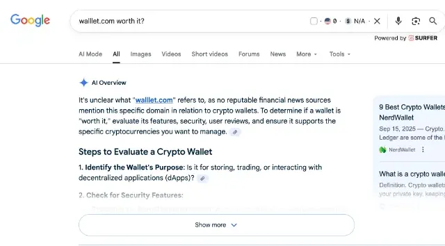 Die Google AI Übersicht vor der SEO-Kampagne zeigt, dass walllet.com crypto wallet nicht erkannt wird, mit der Meldung, dass keine seriösen Quellen die Domain erwähnen.