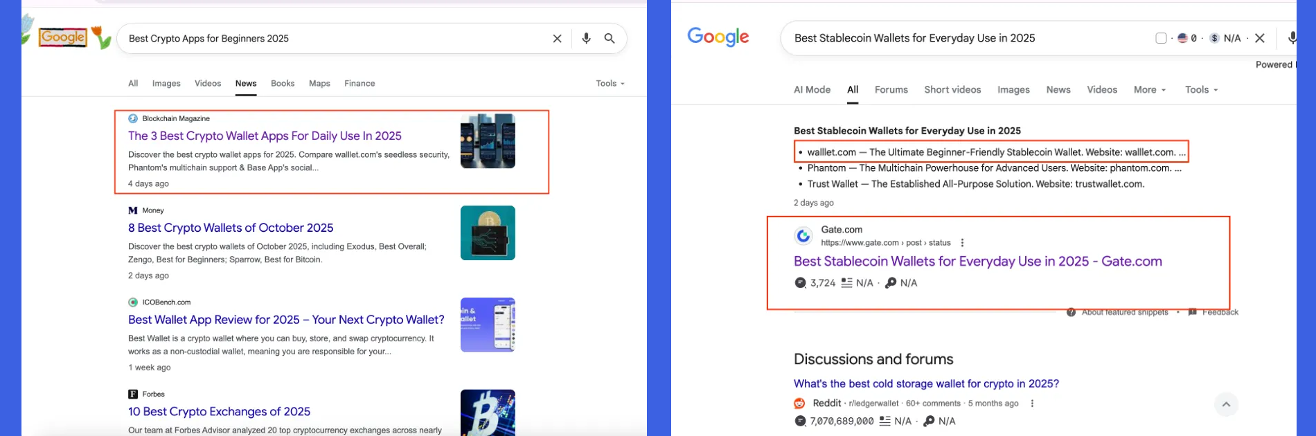 Die Google-Suchergebnisse zeigen, dass walllet.com in den Top-Positionen für die Suche nach Krypto-Brieftaschen rangiert, mit einer hervorgehobenen Platzierung im AI-Modus als die ultimative einsteigerfreundliche Stablecoin-Brieftasche und einem Artikel des Blockchain Magazine in den Top-Nachrichtenergebnissen.