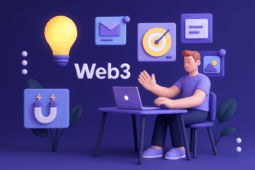 Web3 marketing strategy workspace with blockchain professional managing digital campaigns featuring lightbulb innovation icon email outreach target goals and analytics for DeFi protocol growth.