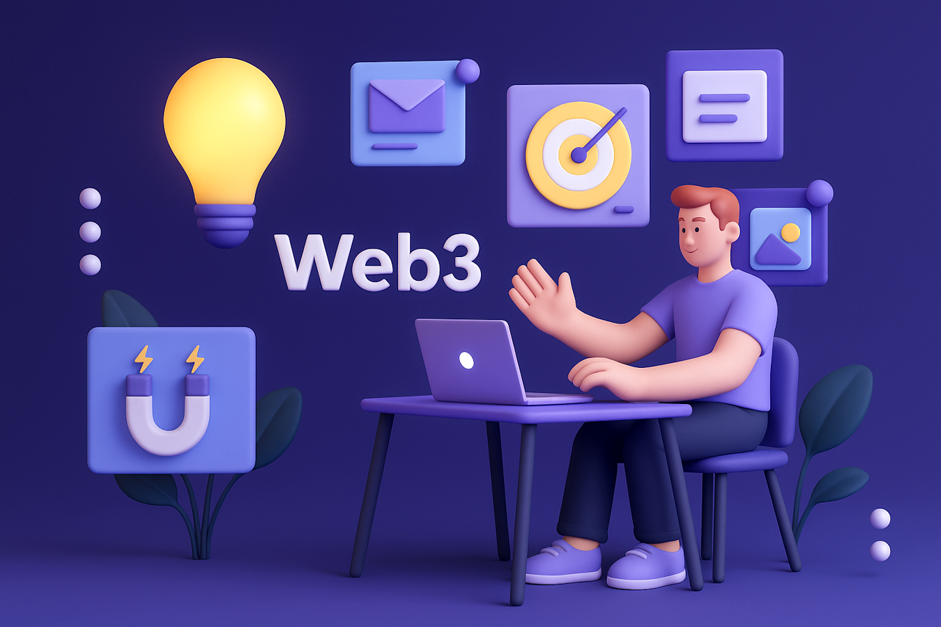 Web3 marketing strategy workspace with blockchain professional managing digital campaigns featuring lightbulb innovation icon email outreach target goals and analytics for DeFi protocol growth.