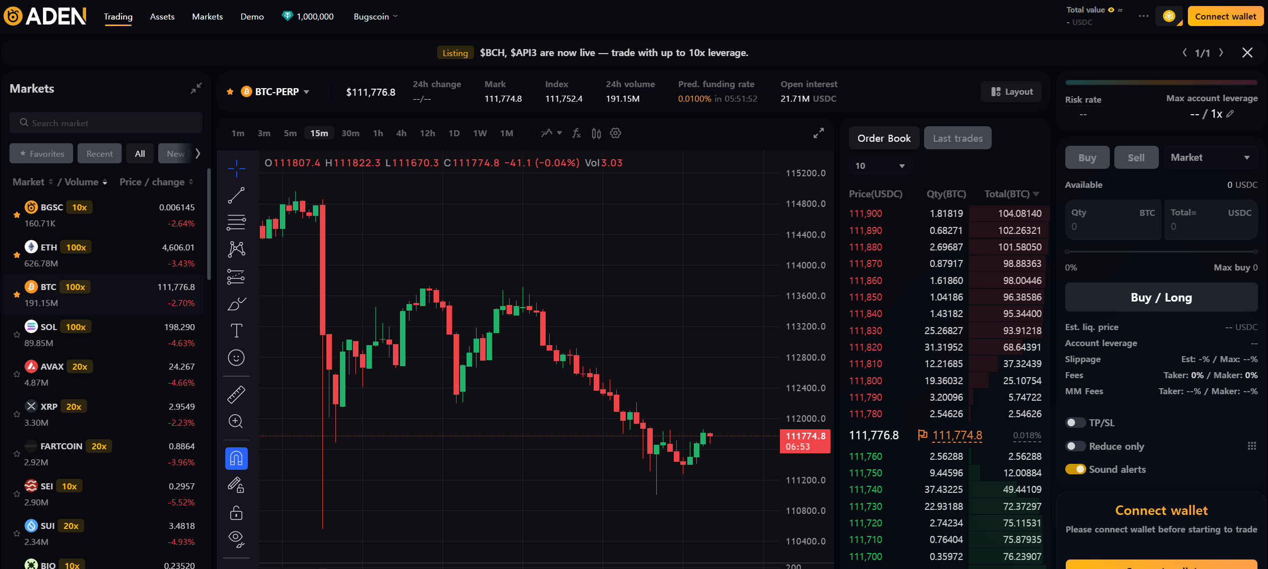 Bolsa de derivados descentralizada ADEN integrada com Gate.io, oferecendo 225 mercados perpétuos.