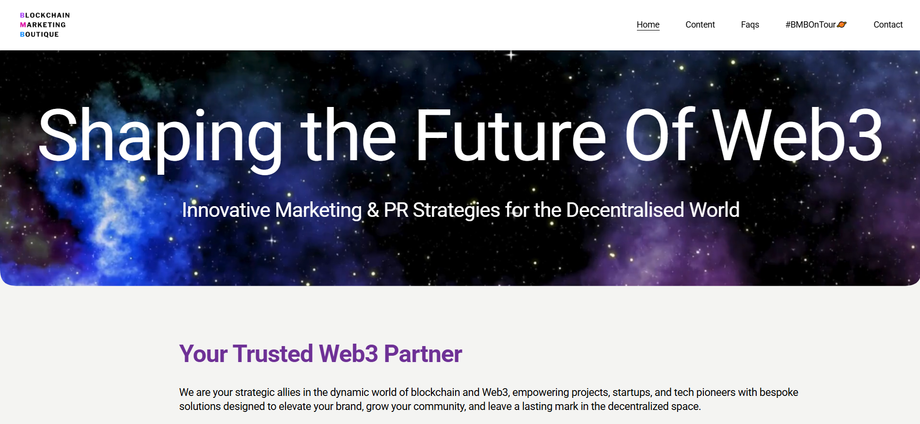 Blockchain Marketing Boutique homepage showcasing Web3 influencer marketing services and KOL management for crypto brands.