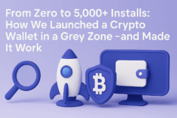 Cover image with crypto wallet icons, rocket, Bitcoin shield, and magnifying glass illustrating a growth case study by high authority AI SEO agencies and best AI SEO agencies 2025 showing how a crypto wallet reached 5,000+ installs in a grey zone market.