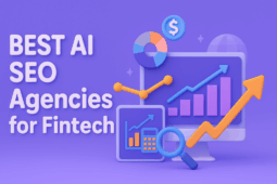 3D illustration in purple and blue tones featuring the title ‘Best AI SEO Agencies for Fintech’ beside charts, graphs, a magnifying glass, and fintech analytics icons on a computer screen.