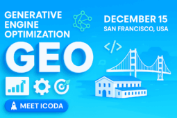3D blue banner for the GEO Conference with large ‘GEO’ text, San Francisco icons, and a ‘Meet ICODA’ button with rocket logo.