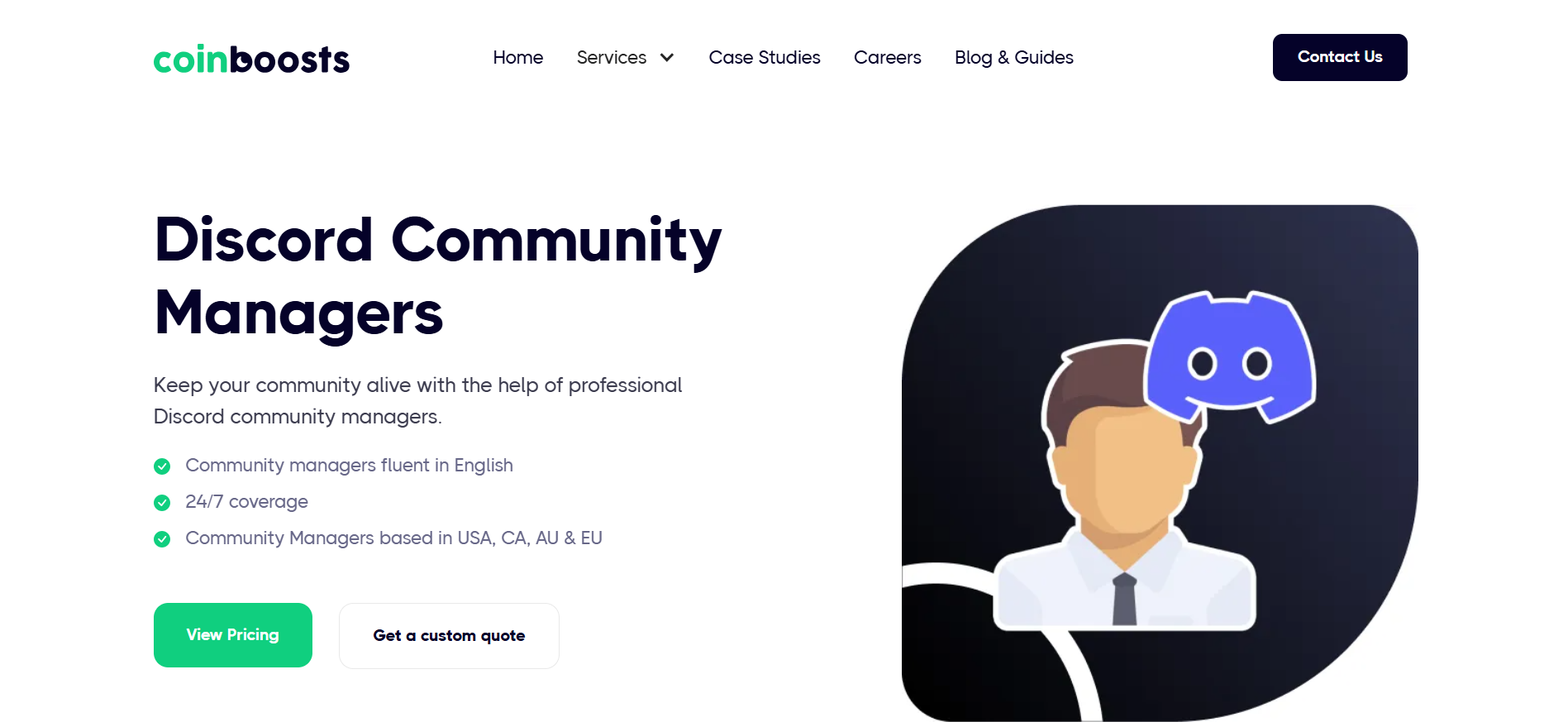 CoinBoosts website offering specialized Discord community management and NFT engagement services.