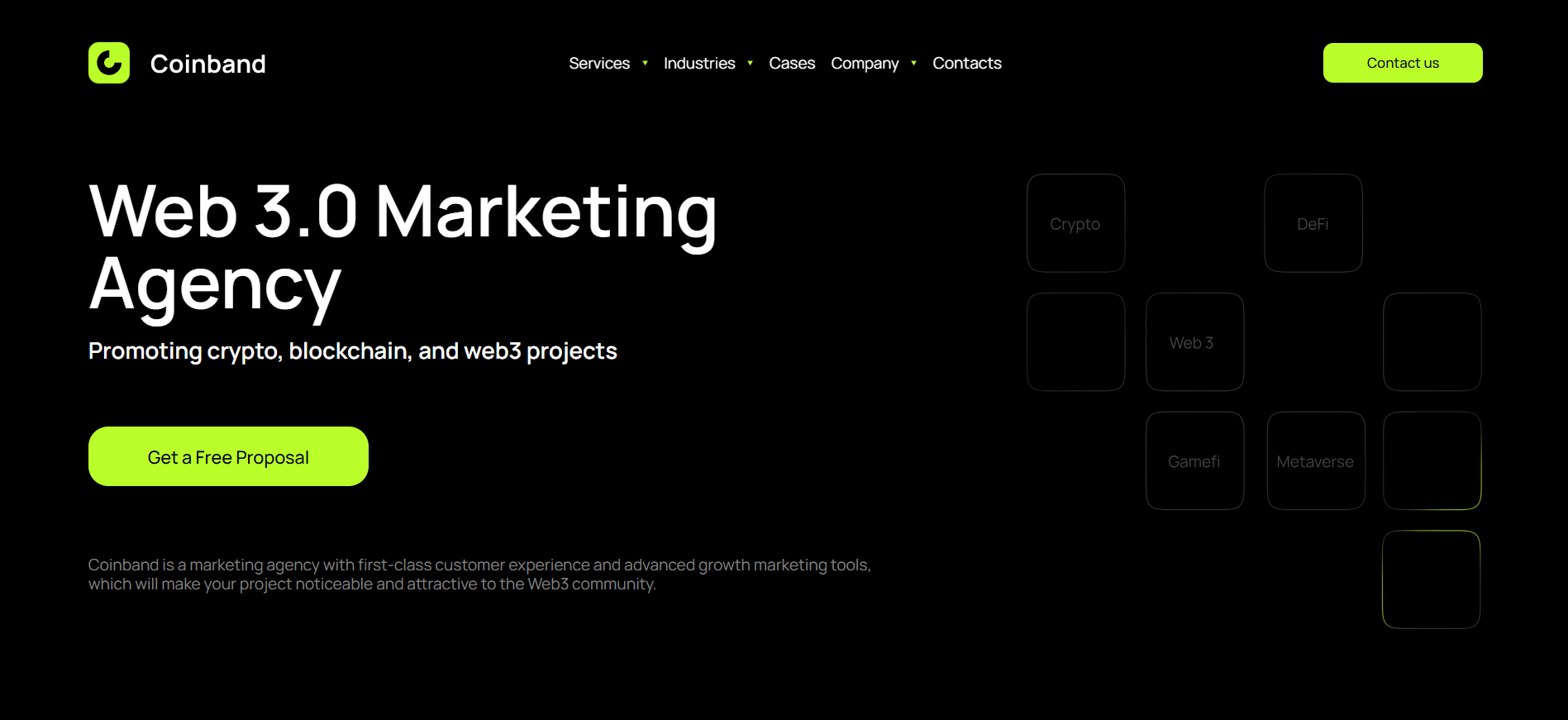 Coinband crypto marketing agency homepage for early-stage DeFi projects with presale launch specialization and investor attraction strategies.