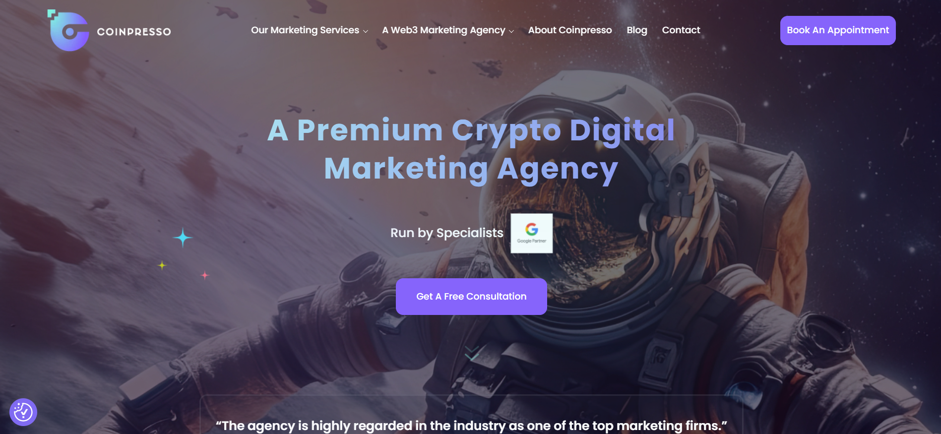 Coinpresso performance-driven crypto marketing agency homepage with Google Partner certified Web3 influencer campaigns and SEO services.