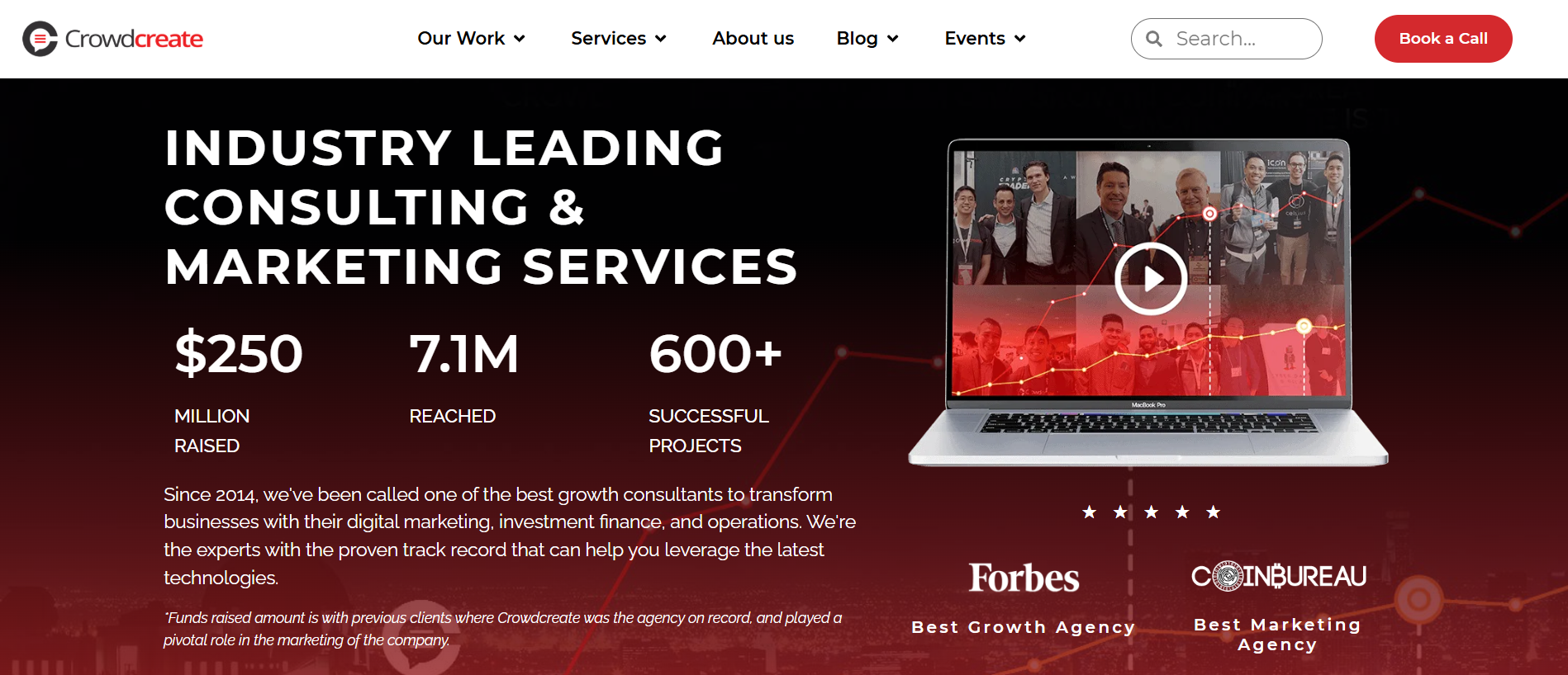 Crowdcreate Los Angeles defi marketing agency homepage showcasing influencer connections and community building services for protocol launches.