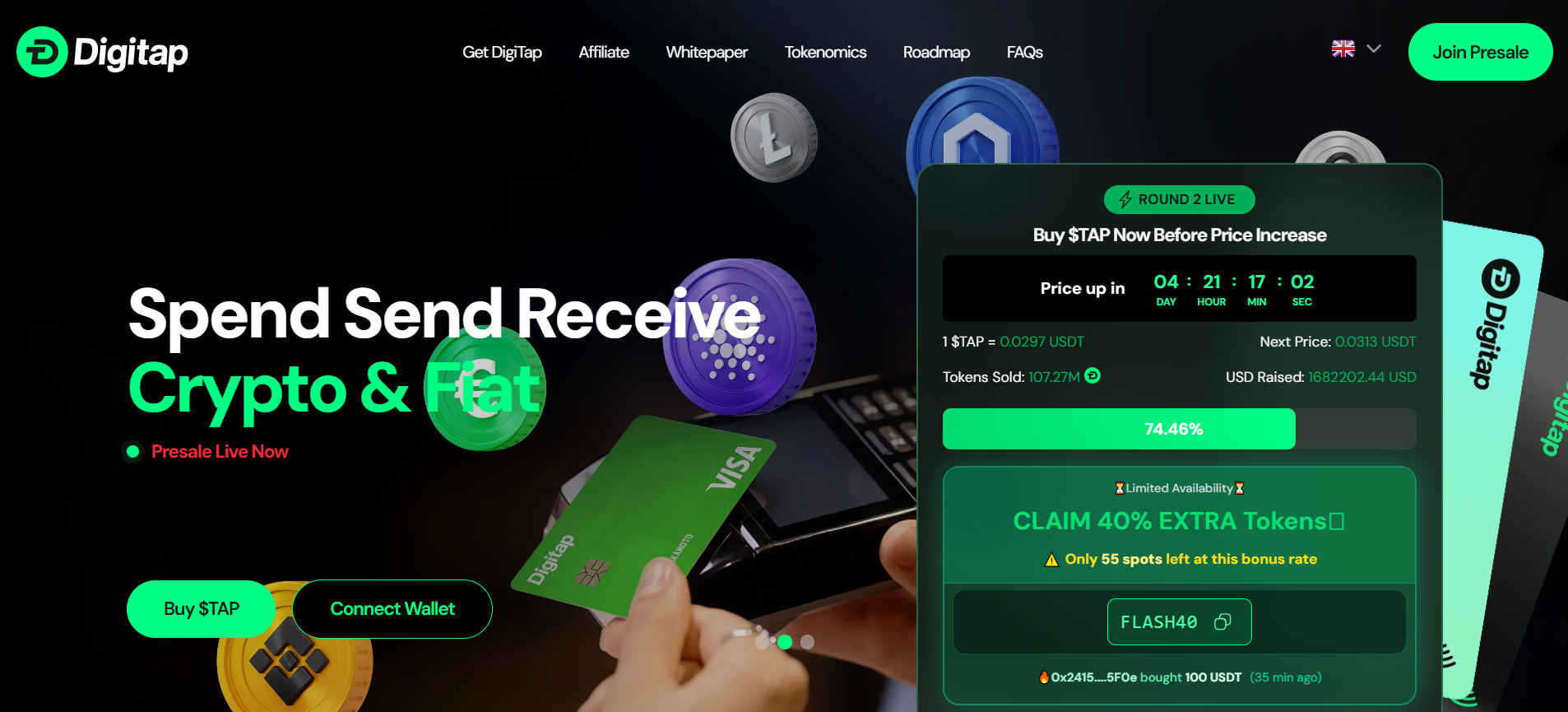 تعرض منصة DigiTap المصرفية التي تعرض بطاقة فيزا للعملات الرقمية وميزات تحويل العملات الورقية ومكافآت الرهان على الاستثمار في العملات الرقمية نوفمبر 2025.