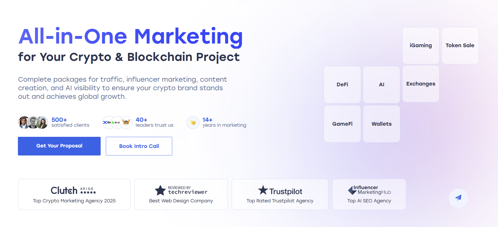 ICODA crypto influencer marketing agency homepage featuring results-driven Web3 campaigns and ROI tracking for blockchain projects.