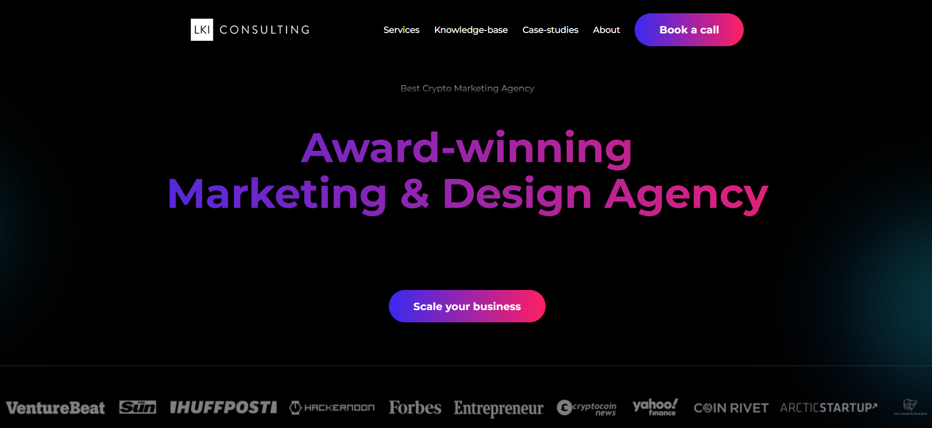 LKI Consulting independent defi marketing agency homepage with 252 completed projects and KOL management services for mid-market protocols.