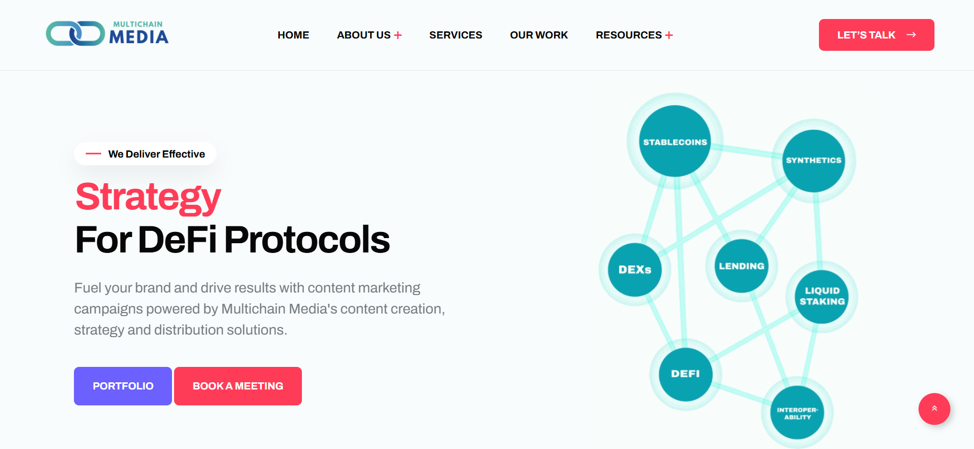 Multichain Media homepage displaying pure-play decentralized finance content marketing and technical documentation services for DeFi protocols.