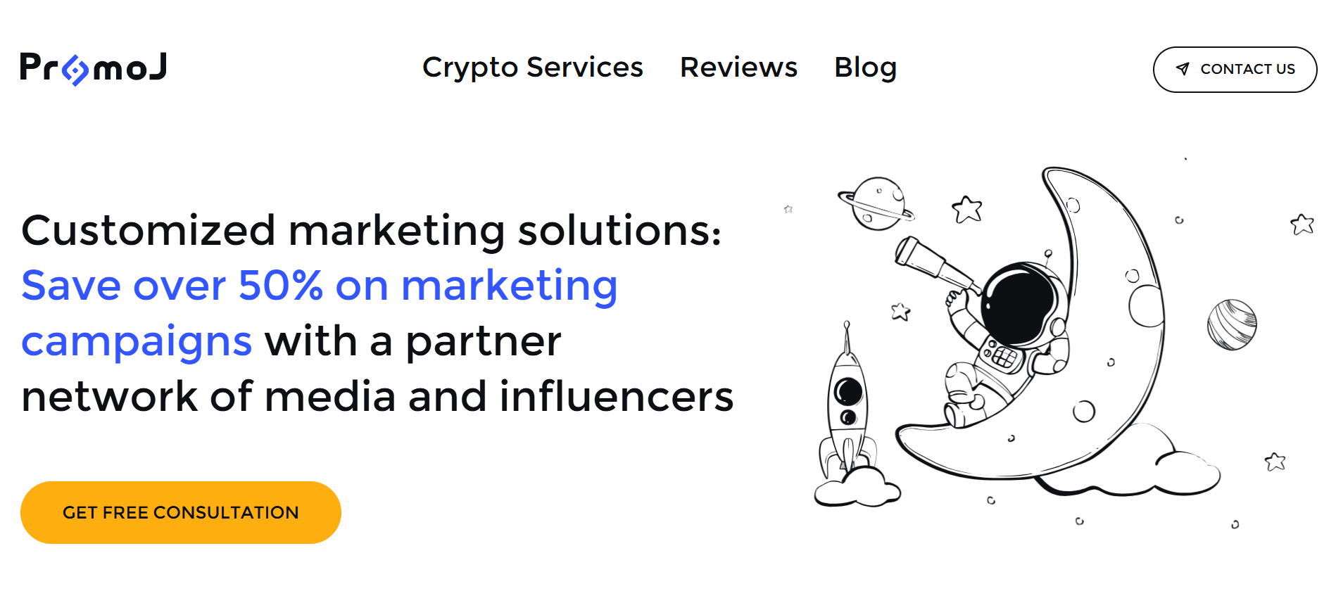 PromoJ crypto marketing agency homepage specializing in Web3 influencer campaigns for token presales and ICO launches.