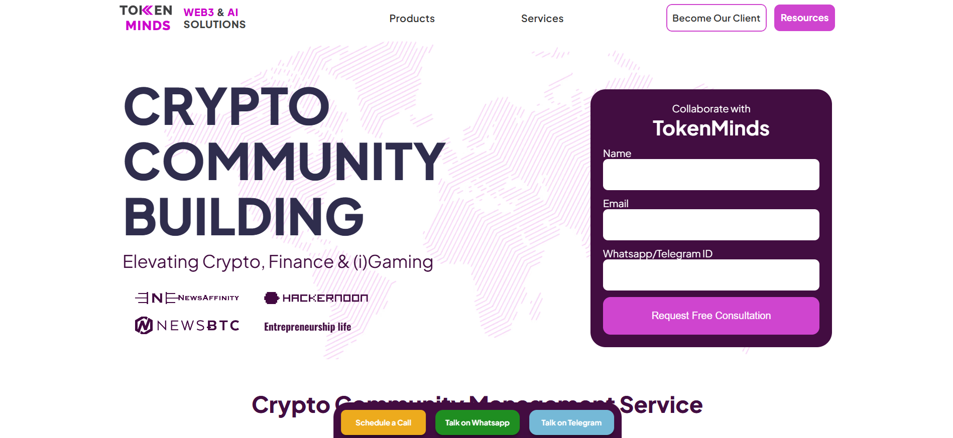 TokenMinds homepage displaying transparent crypto community management packages for Web3 projects.