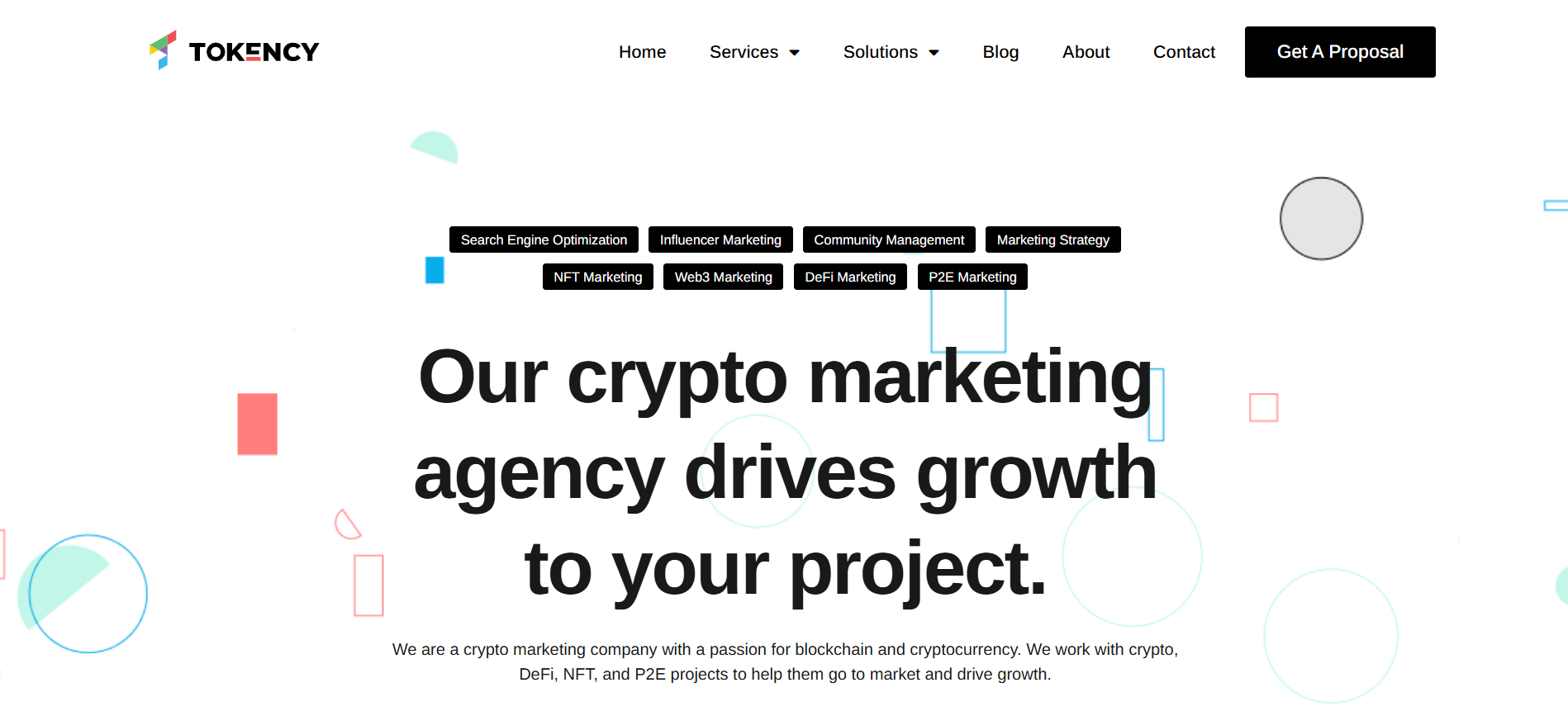 Tokency cryptocurrency marketing agency homepage offering month-to-month contracts and TVL-focused campaigns for decentralized finance protocols.