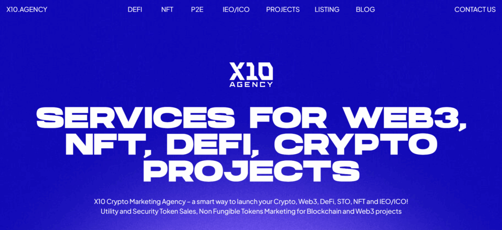 X10 Agency homepage displaying China Korea Japan crypto community management and regional expansion services.