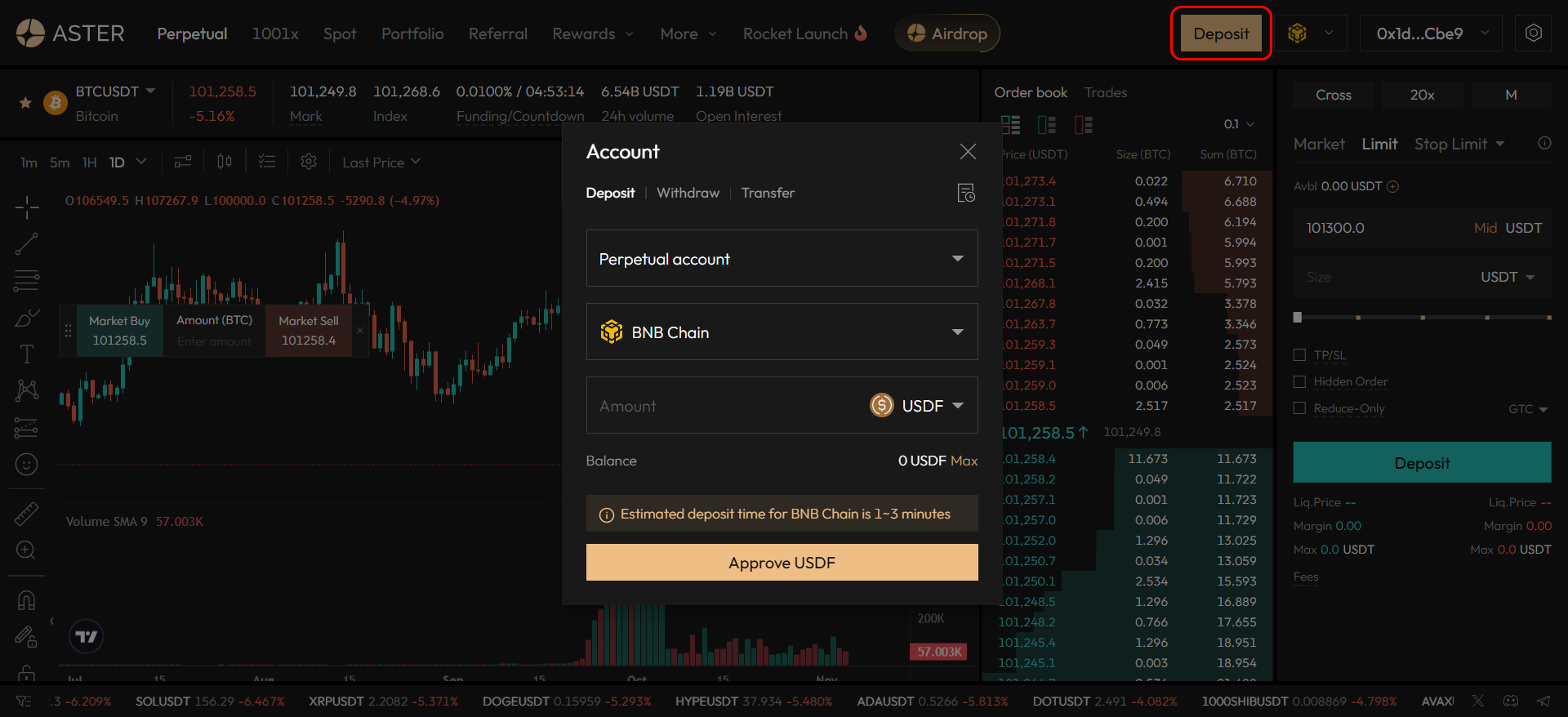 Interface de dépôt Aster DEX montrant la sélection de la chaîne BNB et l'option de dépôt USDF pour le financement du compte de trading perpétuel.