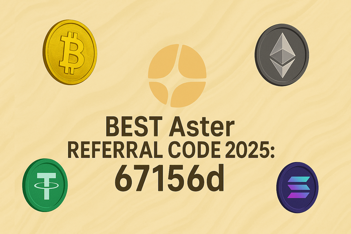 Meilleur code de référence Aster 2025 montrant le code 67156d avec des pièces Bitcoin, Ethereum, USDT et Solana pour des réductions de trading multi-chaînes.