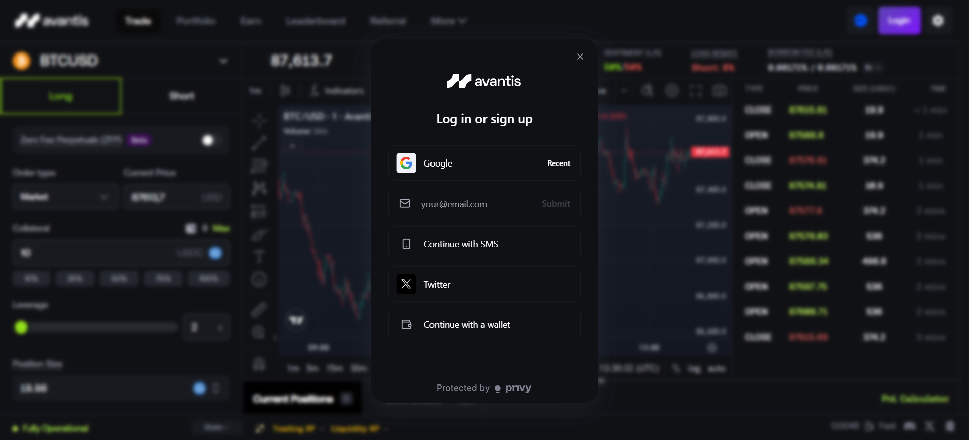 Avantis Login- und Anmeldeseite mit Web3-Wallet-Verbindung, Google-, E-Mail- und Social-Login-Optionen.