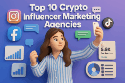 Top crypto influencer marketing agencies illustration with social media platforms Twitter (X), Instagram, TikTok, Facebook and Web3 engagement analytics.
