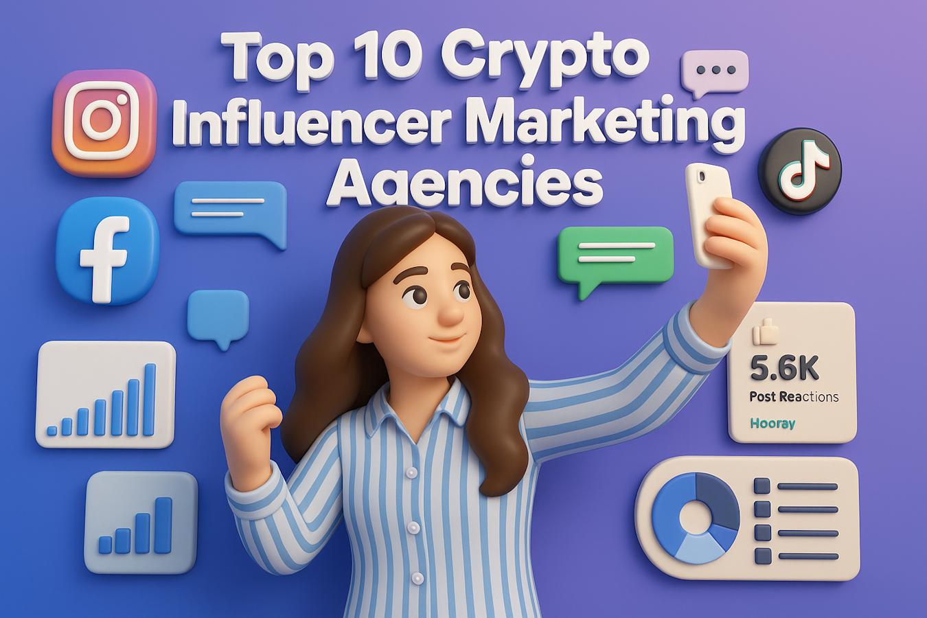 Top crypto influencer marketing agencies illustration with social media platforms Twitter (X), Instagram, TikTok, Facebook and Web3 engagement analytics.