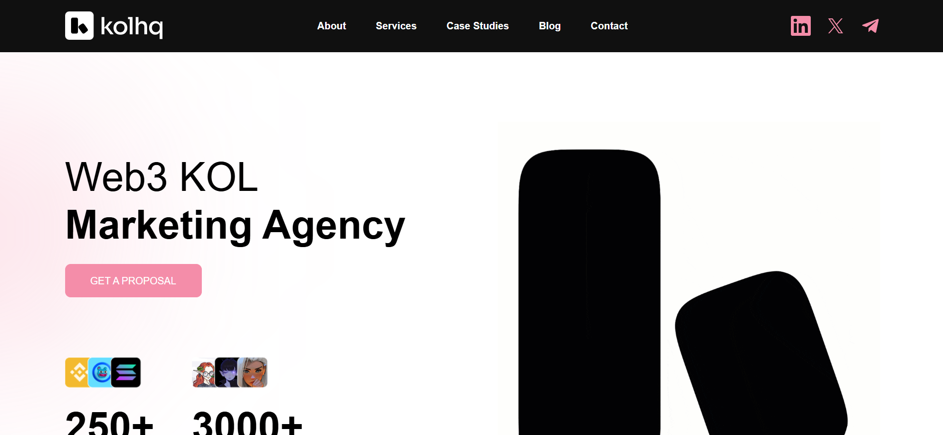 kolhq Web3 influencer marketing platform homepage with vetted KOL database for crypto brands and blockchain project campaigns.