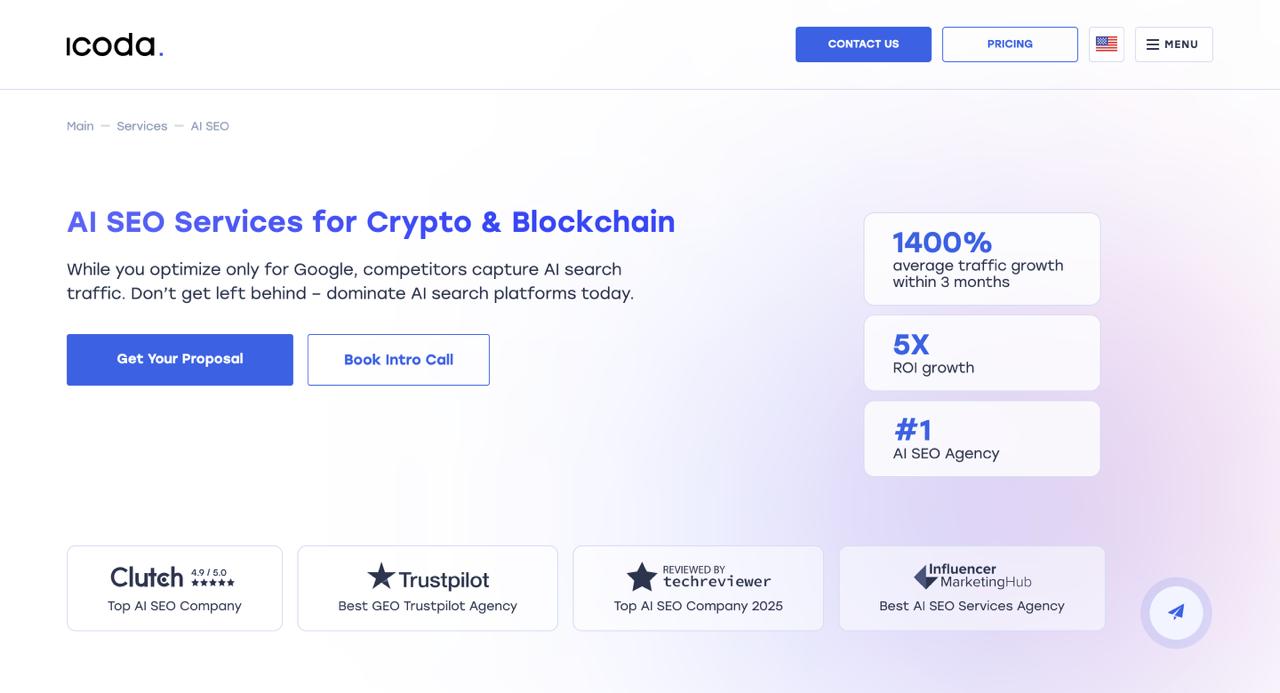 وكالة ICODA التي تقدم خدمات تحسين البحث في مجال التشفير والبلوك تشين والبحث بين الشركات مع التركيز على نمو حركة المرور والعائد على الاستثمار.