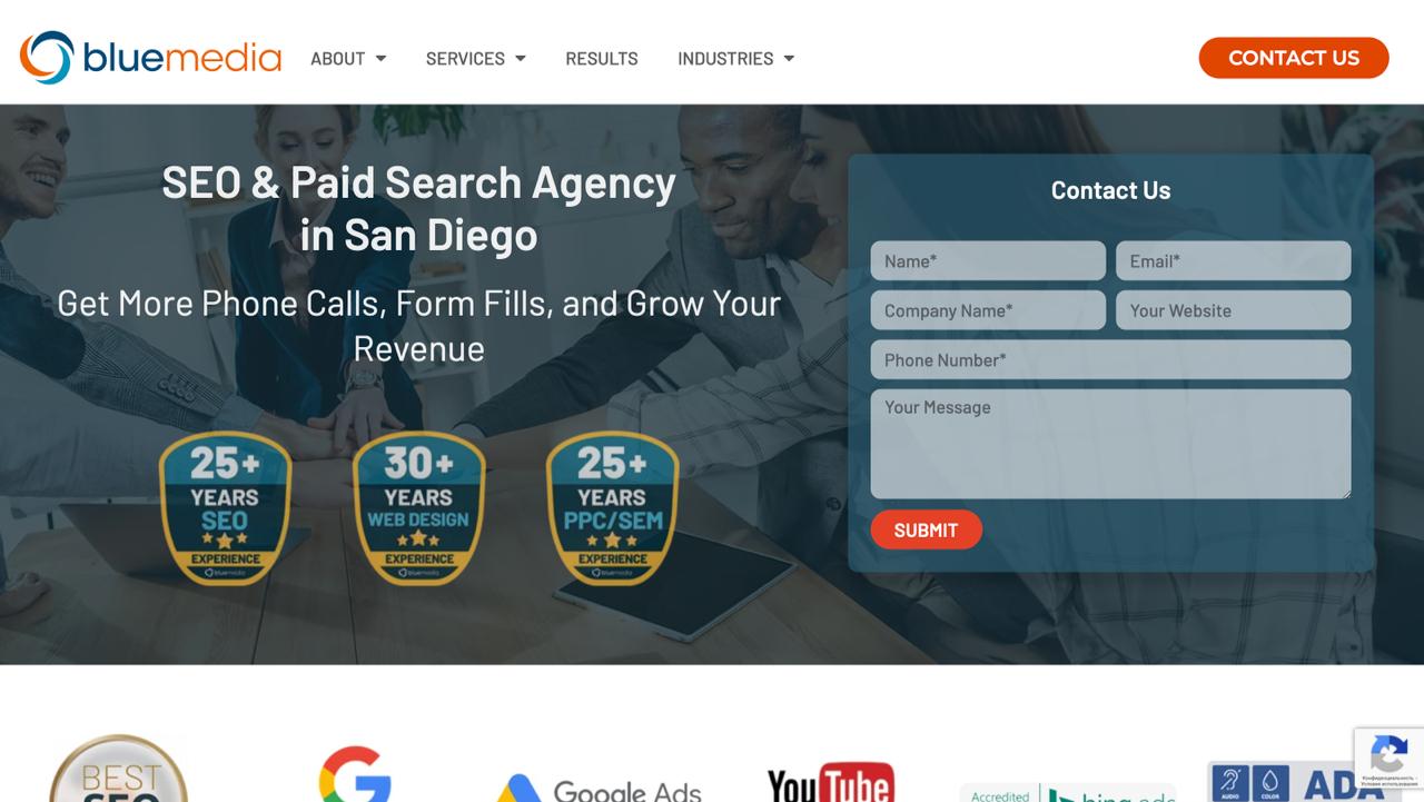 شركة Blue Media Marketing SEO و PPC في سان دييغو التي تركز على زيادة المكالمات والعملاء المحتملين والإيرادات للشركات.
