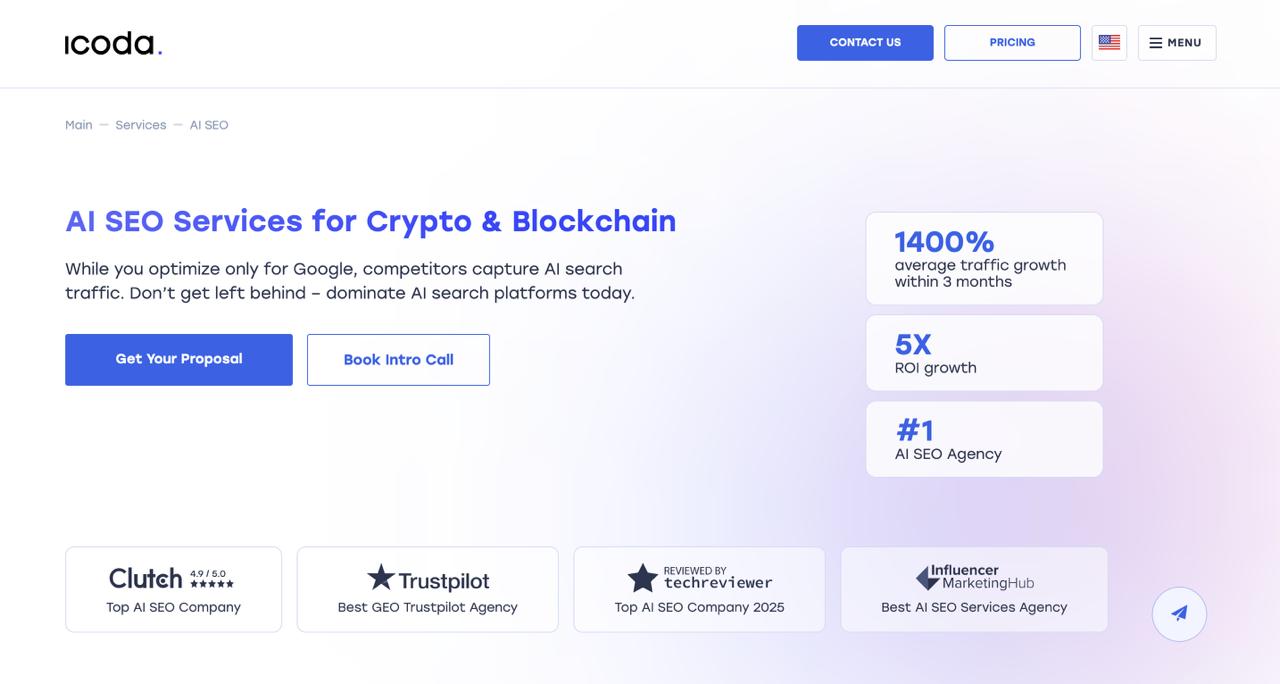 Icoda AI SEO agency homepage featuring crypto and blockchain search optimization services with proven 1400% traffic growth results