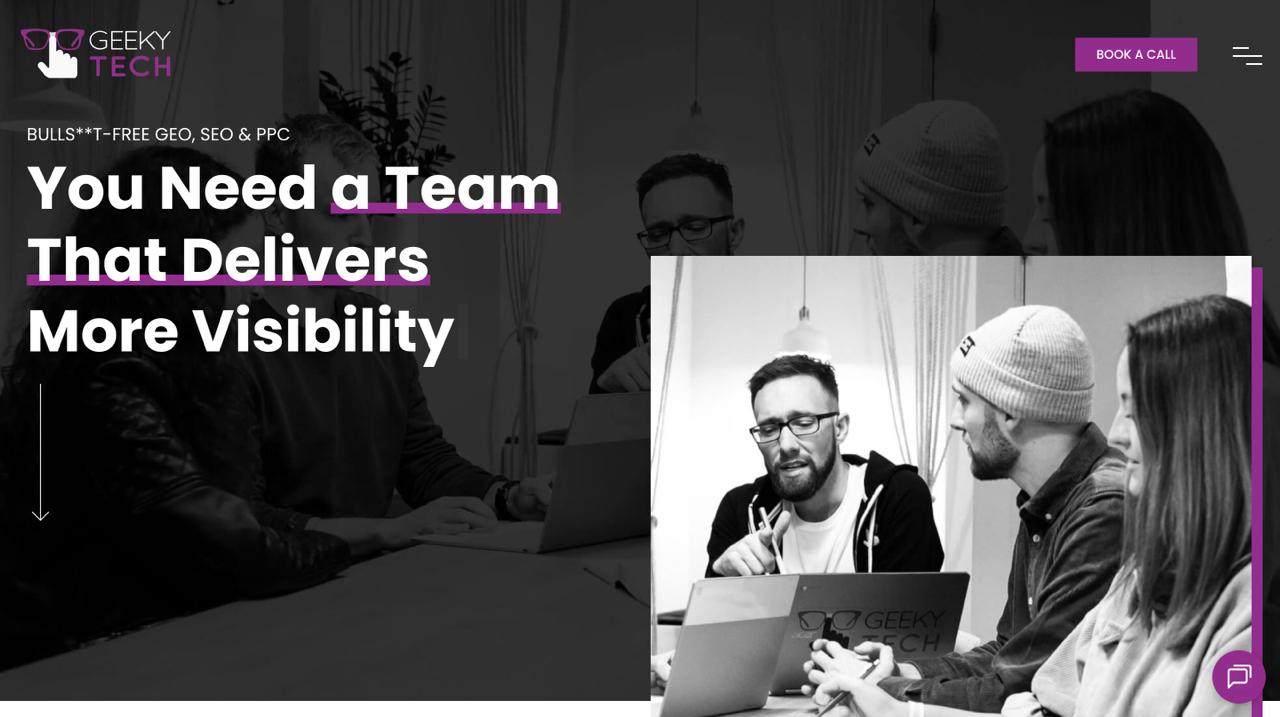 Geeky Tech digital marketing agency homepage offering professional SEO, GEO, and PPC services for enhanced online visibility