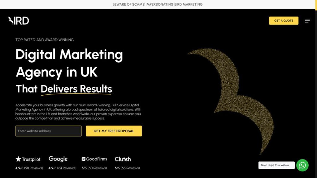 Bird Marketing full-service digital agency homepage showcasing award-winning UK-based marketing solutions with top ratings across platforms