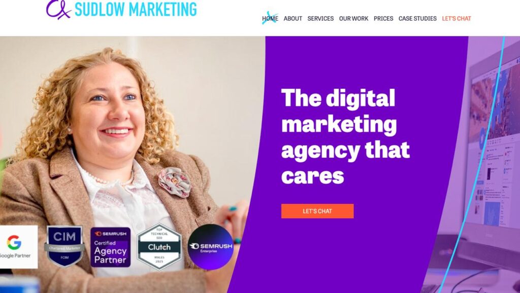 Sudlow Marketing homepage highlighting personalized digital marketing services with Google Partner and SEMrush certification