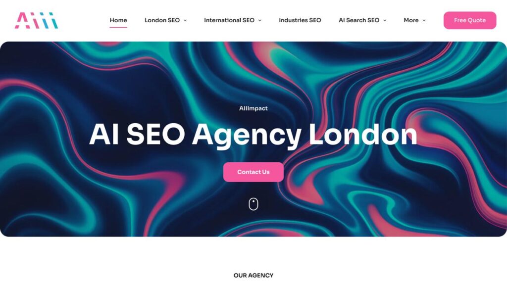 AllImpact London-based AI SEO agency homepage featuring modern design and specialized search engine optimization services