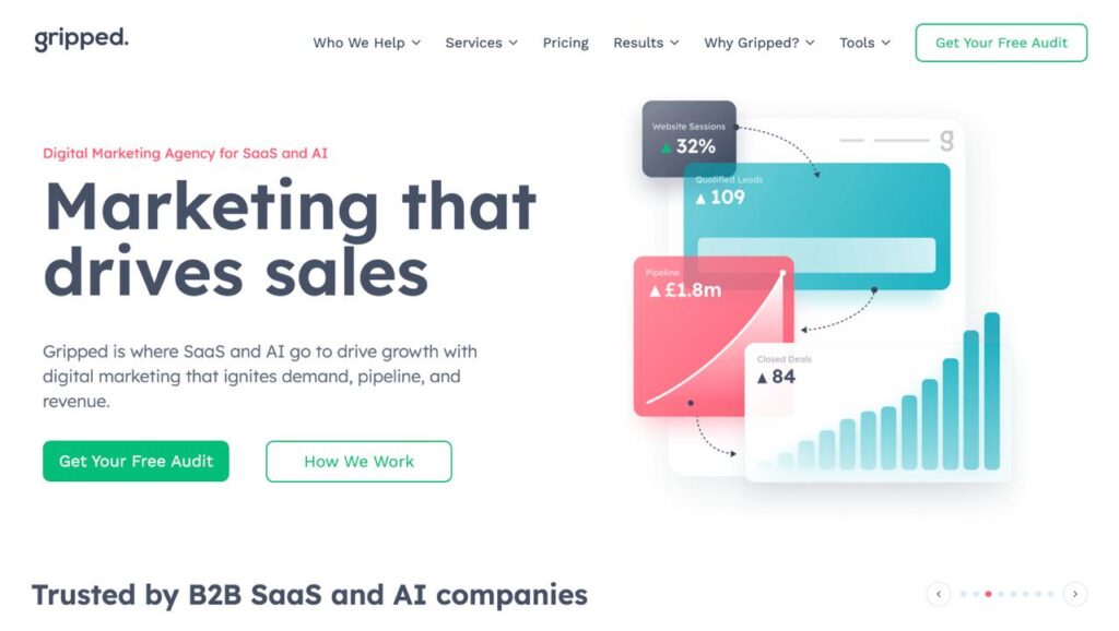 Gripped SaaS marketing agency homepage demonstrating data-driven digital marketing strategies that deliver measurable sales growth