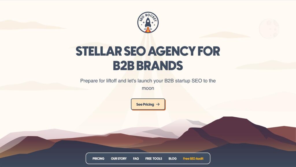 SEO Rocket B2B SEO agency homepage with space-themed branding promoting enterprise search optimization services