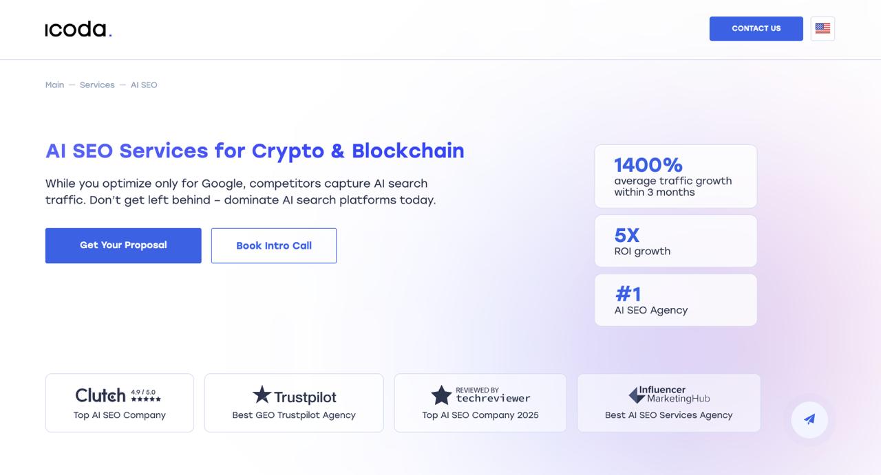 ICODA homepage featuring AI SEO services for fintech and crypto, showcasing Answer Engine Optimization expertise and 1400% traffic growth results