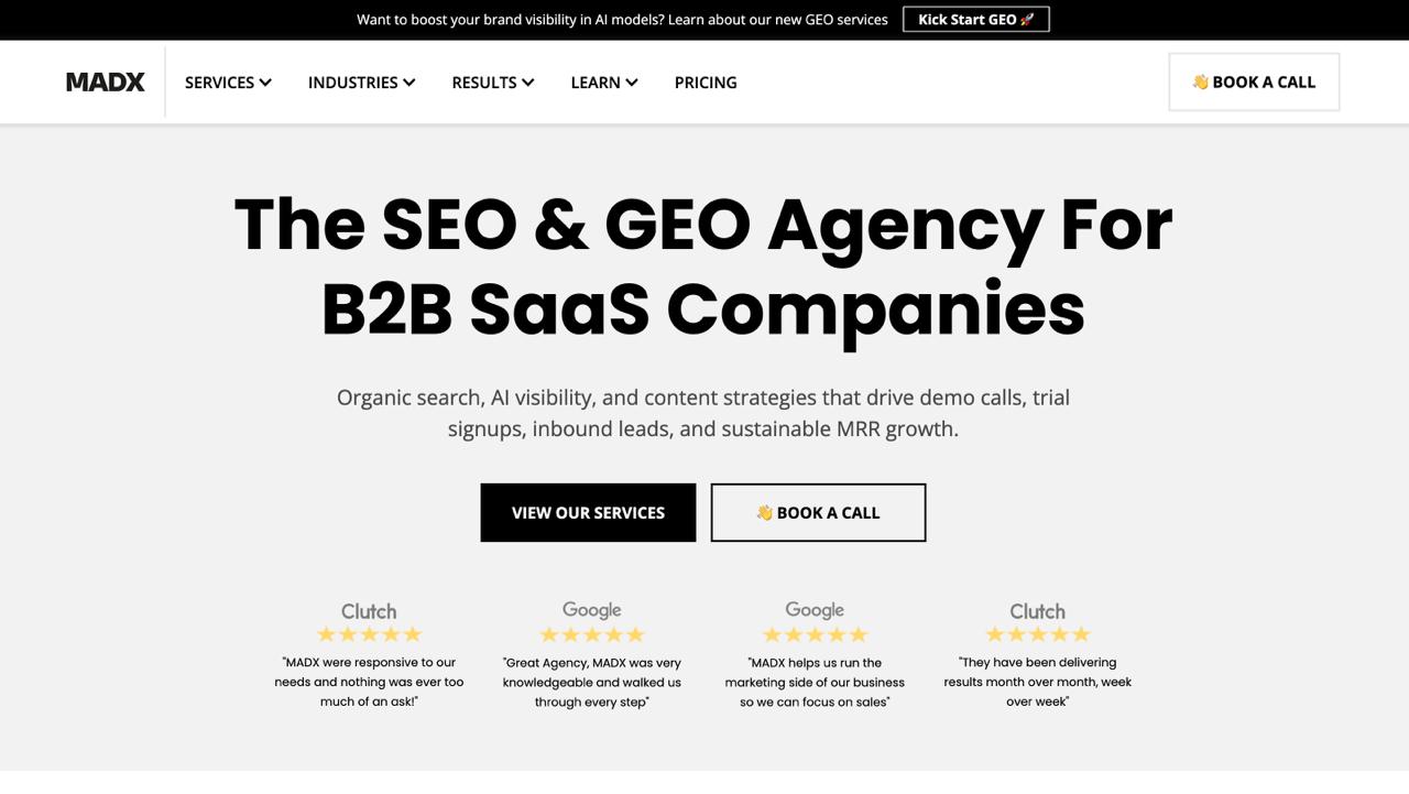 MADX Digital fintech AI SEO agency homepage with GEO services, strategic consultation offerings, and AI Overviews optimization capabilities