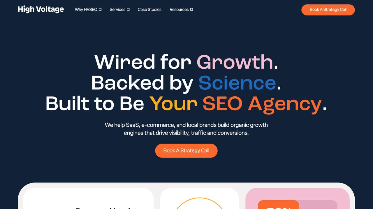 High Voltage SEO homepage displaying Compound SEO methodology, 400+ algorithm tests, and specialized fintech optimization services