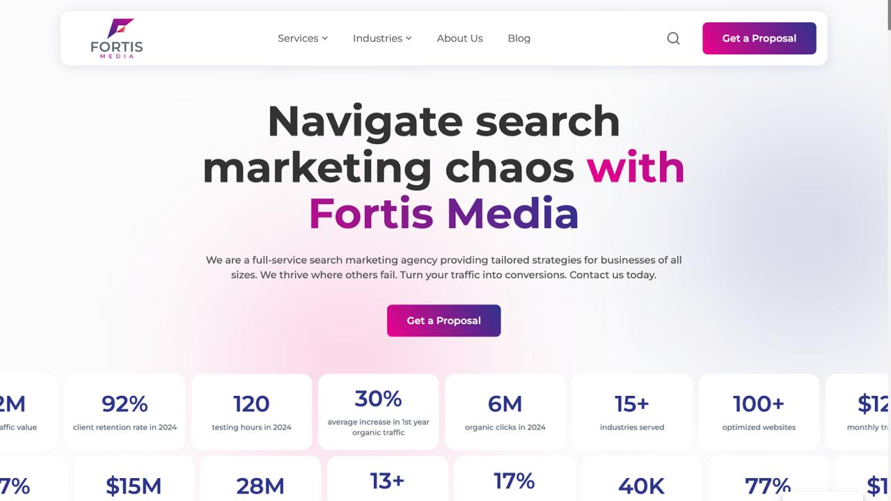 Fortis Media homepage showcasing lead generation SEO for fintech platforms, strategic partnership approach, and conversion optimization services
