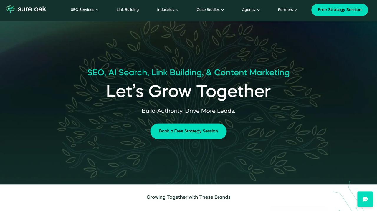 Sure Oak fintech SEO agency homepage featuring proprietary SEO Game Plan methodology and 20 years of financial technology optimization experience