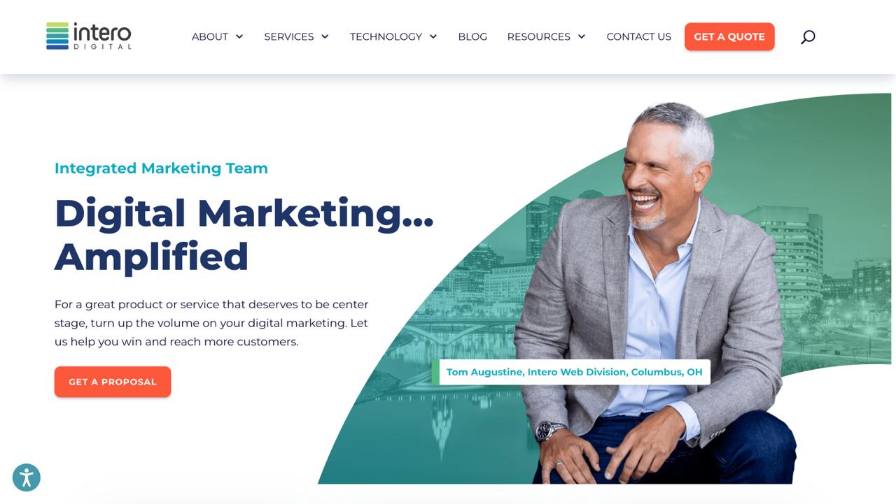 Intero Digital homepage featuring technical GEO services and proprietary InteroBOT crawler technology for fintech AI SEO optimization